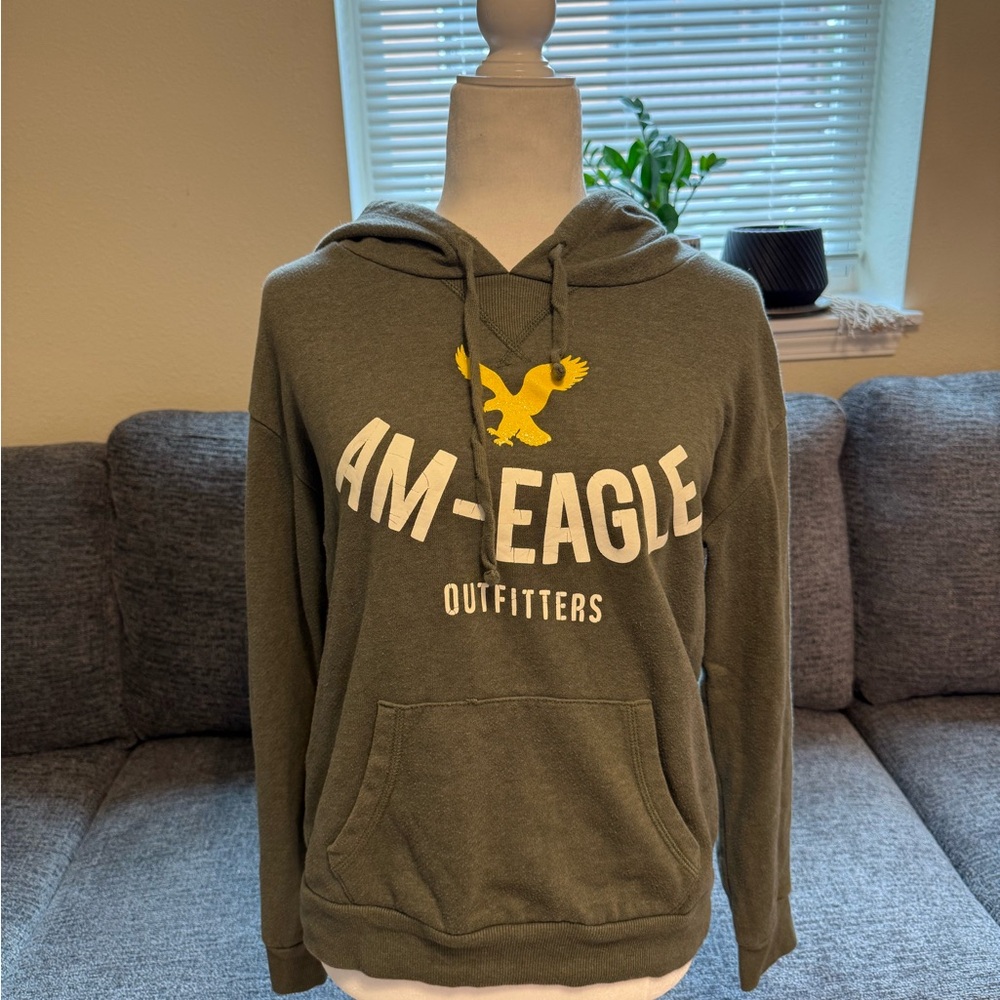 American Eagle Outfitters Olive Hoodie with Yellow Logo